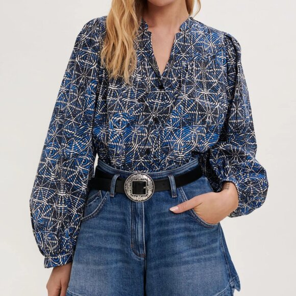 maje Women's 100%‎ Cotton Printed Long Sleeve V Neck Blouse in Indigo - Size 3 - Picture 1 of 6